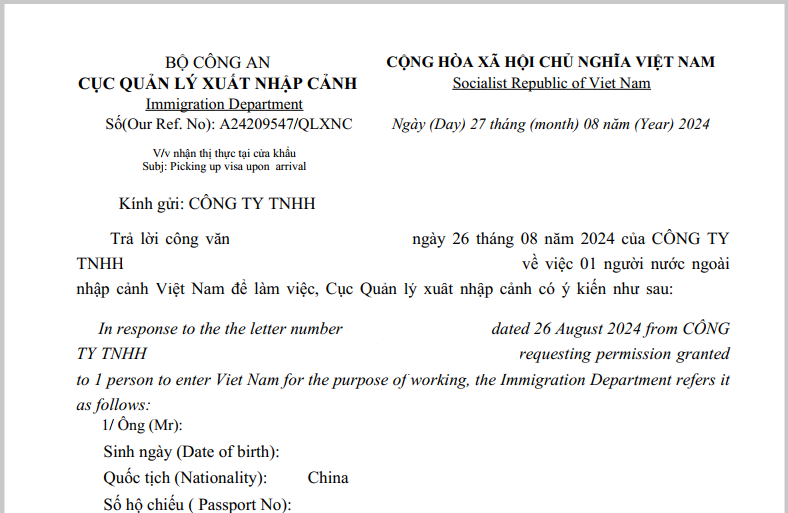 Công văn nhập cảnh cho người nước ngoài 2024